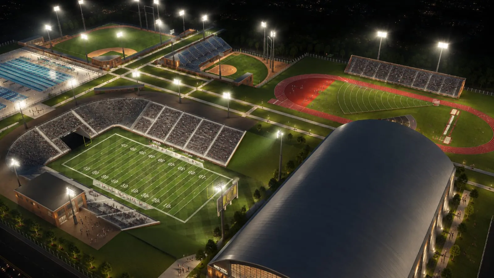 Night-time conceptual 3D visualisation of a multi-venue sports district with stadiums, athletics, aquatics and indoor sports facilities